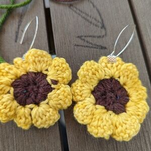 Yellow and Brown Crochet Flower Earrings